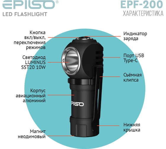 Фонарь ручной/налобный Epilso LUMINUS SST20 10W 500 Lm EPF-200
