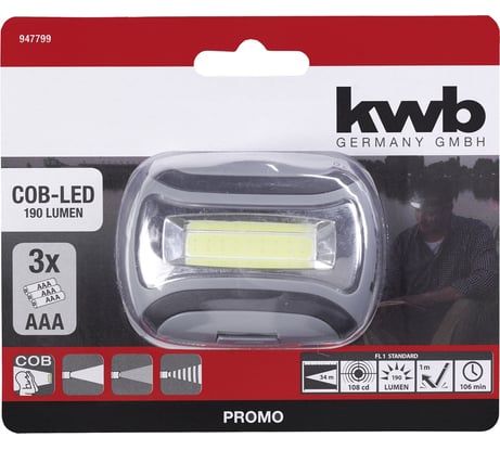 Налобный фонарь kwb COB-LED, 3xAAA 947799