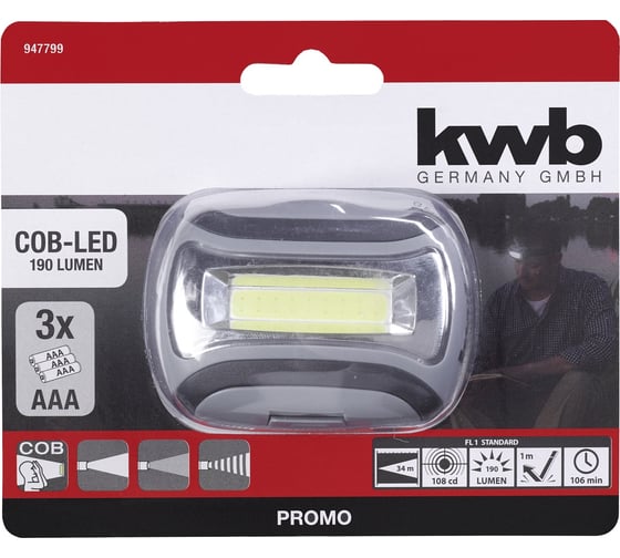 Налобный фонарь kwb COB-LED, 3xAAA 947799 1