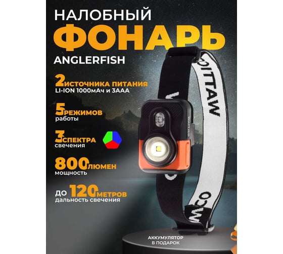 Налобный фонарь WATTICO с RGB красным, синим, зеленым светом Anglerfish