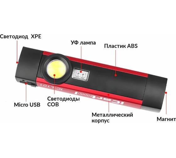 Светодиодный аккумуляторный фонарь iCarTool с УФ подсветкой, 3 режима работы IC-L101