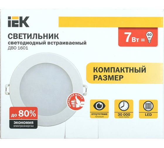 Светильник IEK ДВО 1601, белый, круг, LED, 7вт, 3000 К, IP20 LDVO0-1601-1-7-K01