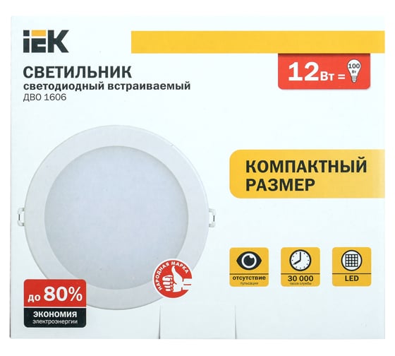 Светильник IEK ДВО 1606, белый, круг, LED, 12вт, 6500 К, IP20 LDVO0-1606-1-12-6500-K01
