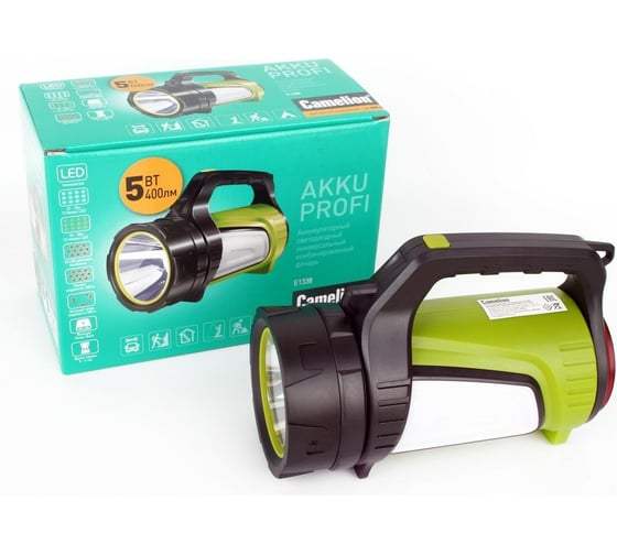 Аккумуляторный фонарь Camelion E1338 черный/зеленый, USB 2.0, Micro USB, Powerbank, 5Вт, 6А-ч, пластик, коробка 14257