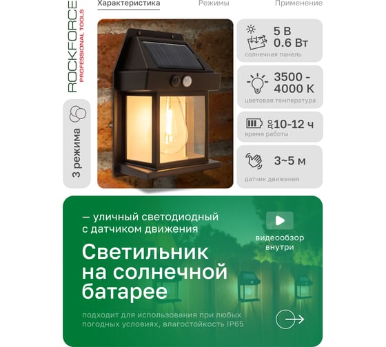 Светильник светодиодный Rockforce на солнечной батарее с датчиком движения RF-WL6009/Black/(58883)