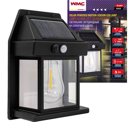 Светильник светодиодный на солнечной батарее с датчиком движения WMC TOOLS, черный WMC-WL6009 BLACK(60112)