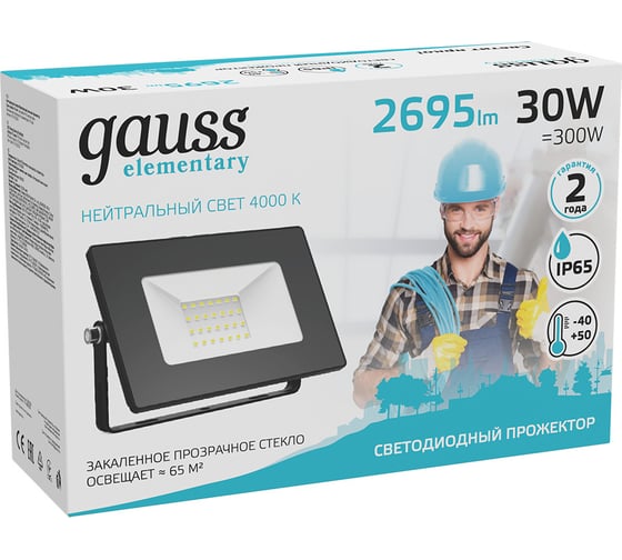 Светодиодный прожектор Gauss Elementary 30W 2695lm IP65 4000К черный 613100230