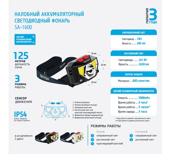 Налобный аккумуляторный светодиодный фонарь ФОТОН SA-1600, черный 24036