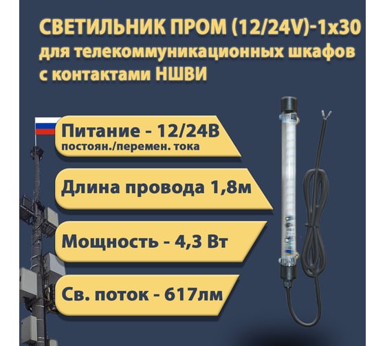 Светодиодный светильник ПРОВОДНИК ПРОМ (12/24V)-1x30 IP 65 (провод 1,8 м с наконечниками НШВИ), черный 04120301PRO