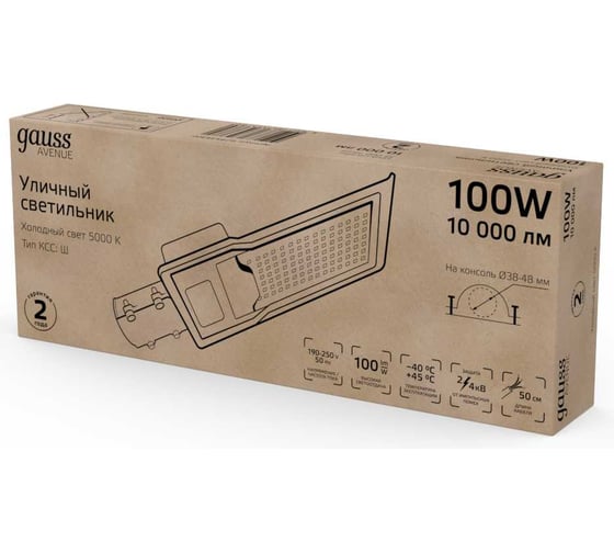 Уличный консольный светодиодный светильник Gauss IP65 100W 10000lm 5000K КСС "Ш" 629534300