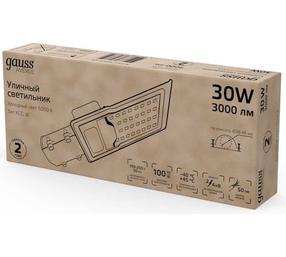 Уличный консольный светодиодный светильник Gauss IP65 30W 3000lm 5000K КСС "Ш" 629534330