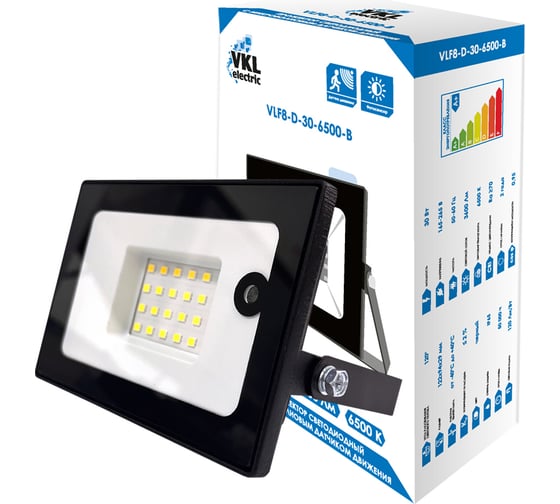 Прожектор с датчиком движения VKL electric 30W VLF8 6500К 3600Лм 220V IP65 угол 120градусов черный 1208725