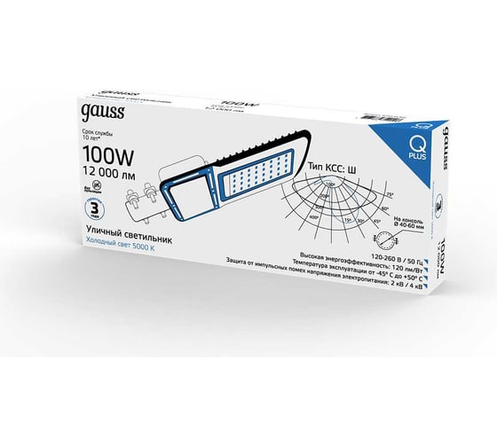 Уличный консольный светодиодный светильник Gauss IP65 100W 12000lm 5000K КСС "Ш" 629535300