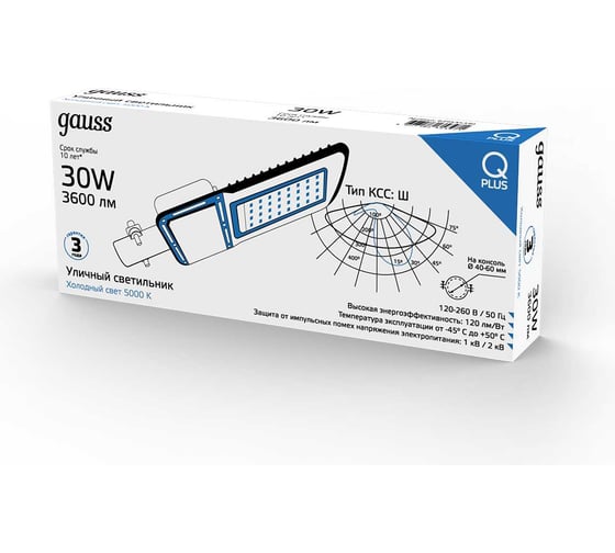 Уличный консольный светодиодный светильник Gauss IP65 30W 3600lm 5000K КСС "Ш" 629535330