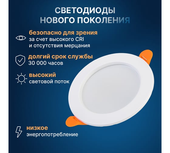 Светодиодная встраиваемая панель Lamper 6Вт, 230В, 4000К, 420Лм, 95мм, белая, IP20 606-1004