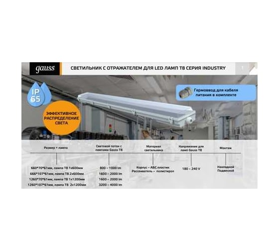 Линейный светильник Gauss СПП-Т8-G13 220-230V IP65 660x107x61 для LED ламп 909410260