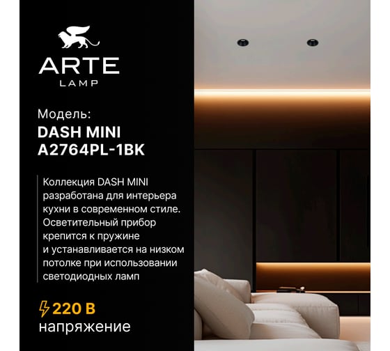 Точечный встраиваемый светильник ARTE LAMP DASH MINI A2764PL-1BK