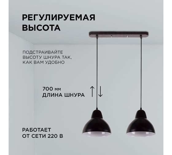 Светильник декоративный подвесной Apeyron 2хЕ27, мах 40Вт, 485х700х205мм, IP20, металл, чёрный, крепление планка, без лампы 16-67