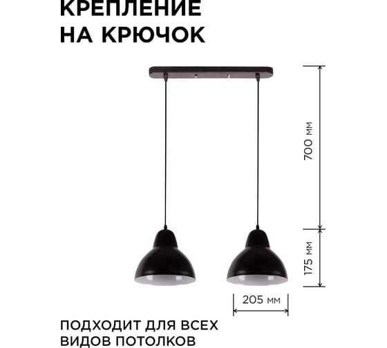 Светильник декоративный подвесной Apeyron 2хЕ27, мах 40Вт, 485х700х205мм, IP20, металл, чёрный, крепление планка, без лампы 16-67