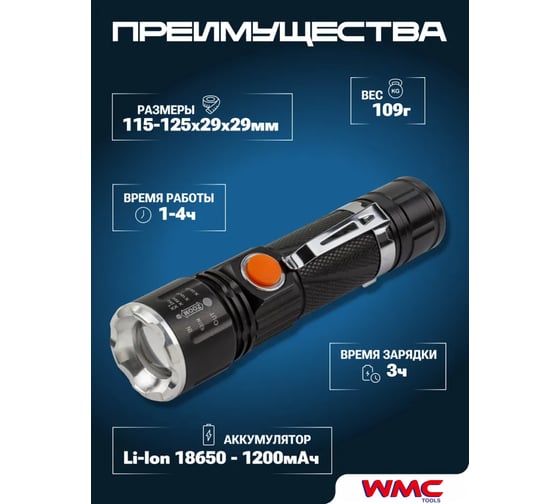 Фонарь ручной аккумуляторный с регулировкой фокуса луча и магнитом (4 режима работы, аккум. 1200мАч, время работы 1-4ч, время зар. 3ч, алюм. корпус) WMC TOOLS WMC-TH2195(59151)