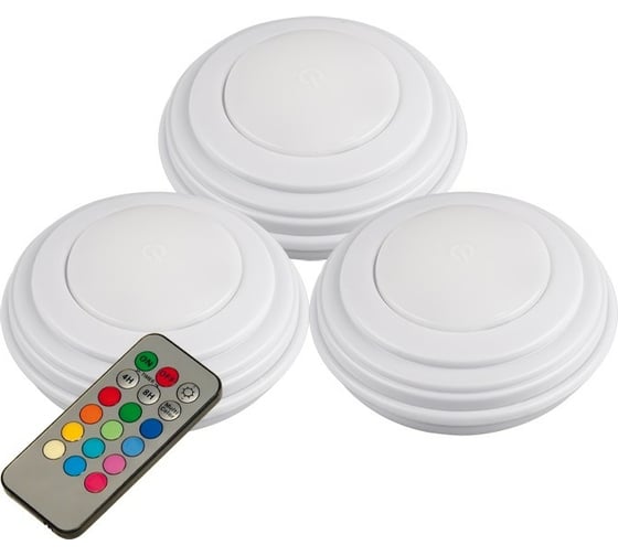 Набор светодиодных светильников Jazzway TS5-RGBx3 3SMD + 3RGB 6700-7000К 60лм пушлайт 3шт + с пультом ДУ 2 градации яркости 12 режимов RGB таймер 3хAAA (не входят в комплект) 5031630
