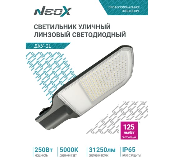Светильник уличный линзованный светодиодный NEOX ДКУ-2L 250Вт 230В 5000К 31250Лм 125лм/Вт 48-70мм IP65 4690612057507