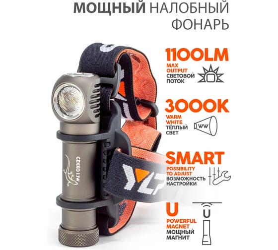Фонарь налобный ЯРКИЙ ЛУЧ YLP GEKKO 1.1W HP50.2 3000К CRI 80 max1100лм, 5 режимов, IPX8, под акк. 18650 4606400106890
