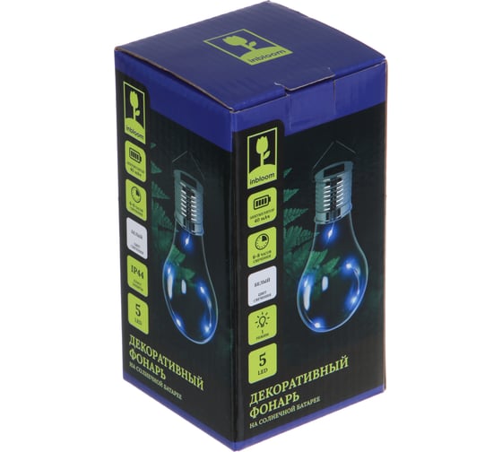 Фонарь Inbloom подвесной, на солнечной батарее, 15х8см, 5LED, белый, 1.2V 40mAh Ni-MH, пластик 483-033