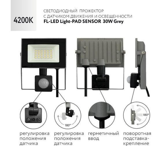 Прожектор FL-LED Light-PAD SENSOR 30W Grey 4200К 2550Лм 30Вт AC220-240В 122x150x45мм 250г с датчиком 606778
