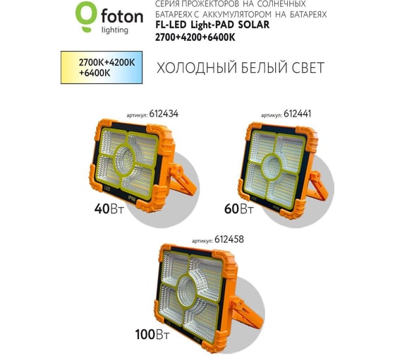 Прожектор FL-LED Light-PAD SOLAR 60W 2700-4200-6400К 900Лм 185x170x50 на солнечной и аккум. батареях 612441