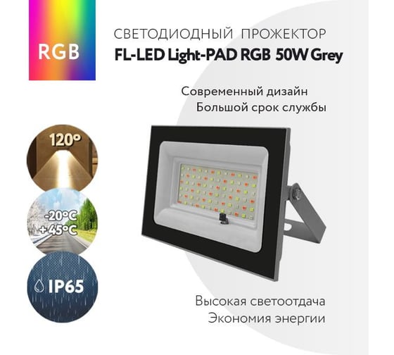 Прожектор FL-LED Light-PAD RGB 50W Grey AC220-240В 200x138x27.5мм 400г 610591