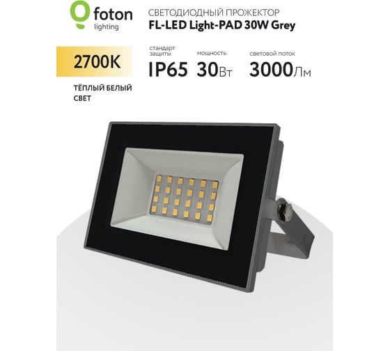 Прожектор FL-LED Light-PAD 30W Grey 2700К 3000Лм 30Вт AC220-240В 122x95x26мм 180г 616029