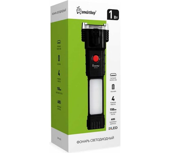 Фонарь светодиодный Smartbuy с прямым LED и боковым светом, MicroUSB, раскалыват. 16,8x5 см ABS SBF-805
