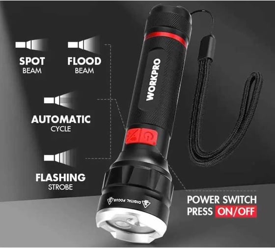Фонарик WORKPRO цифровой фокус, 4 режима осв., 100м, аккум.2000mAH, зарядка USB-TYPE C, алюминиевый WP351010