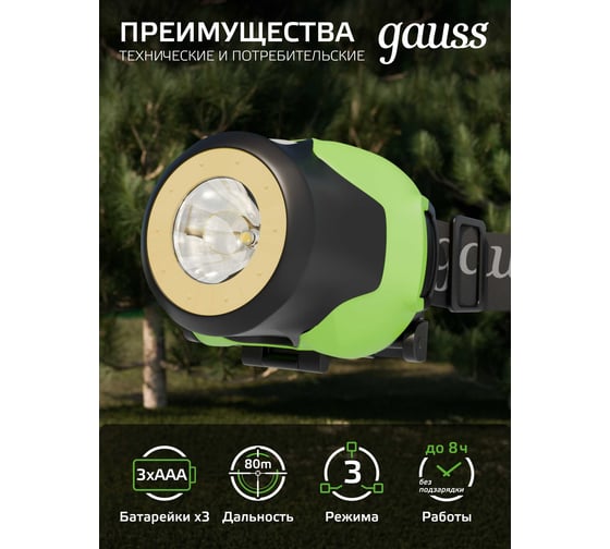 Налобный фонарь Gauss 4W 230lm 3xAAA LED GF303