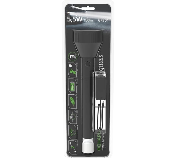 Ручной аккумуляторный фонарь Gauss 5.5W 180lm Li-ion 2400mAh LED GF201