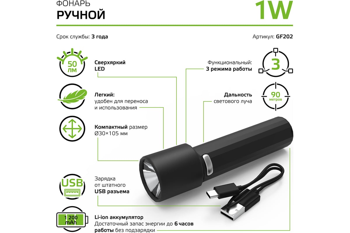 Ручной фонарь Gauss модель GFL202 1W 50lm Li-ion 1200mAh LED 1/10/180 GF202  - выгодная цена, отзывы, характеристики, 1 видео, фото - купить в Москве и  РФ