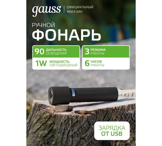 Ручной аккумуляторный фонарь Gauss 1W 50lm Li-ion 1200mAh LED GF202