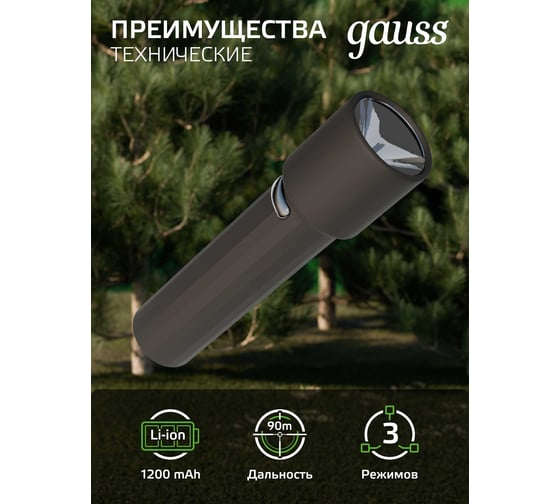Ручной аккумуляторный фонарь Gauss 1W 50lm Li-ion 1200mAh LED GF202