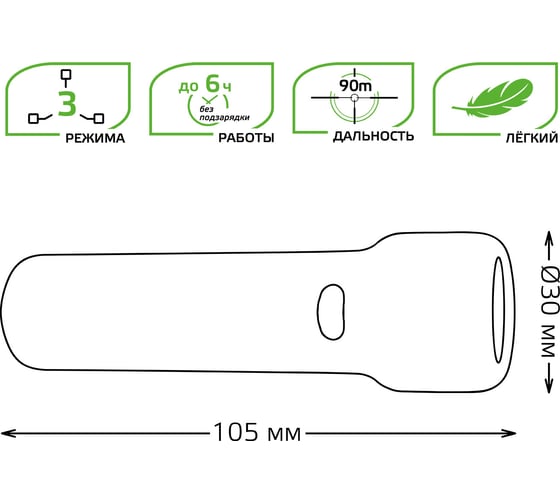 Ручной аккумуляторный фонарь Gauss 1W 50lm Li-ion 1200mAh LED GF202