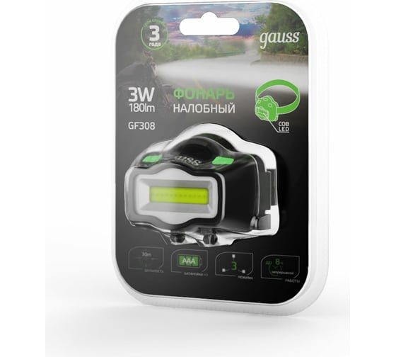 Фонарь Gauss налобный модель GFL308 3W 180lm 3xААА LED GF308
