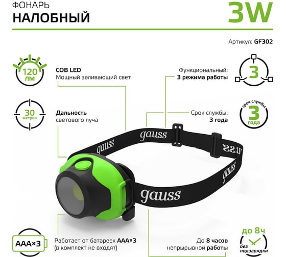 Налобный фонарь Gauss 3W 120lm 3xAAA LED GF302