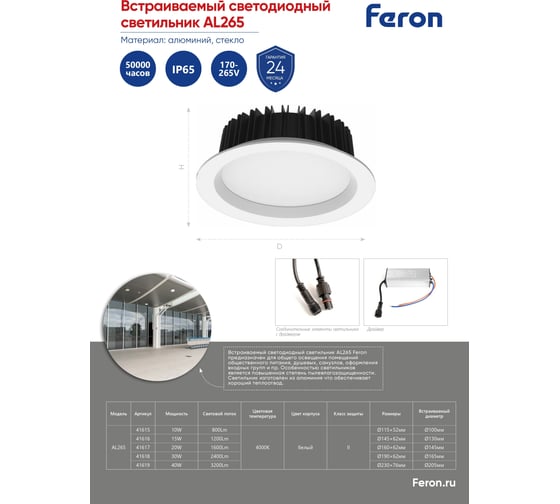 Встраиваемый светодиодный светильник FERON AL265, 15W 4000К, 1200Lm, IP65, 41616