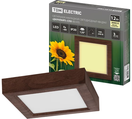 Светильник TDM ELECTRIC светодиодный потолочный накладной квадрат "Даунлайт" СПО (венге) 12 Вт 170х170х32 мм 3000К SQ0329-0419 1