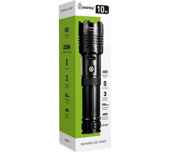 Фонарь Smartbuy LED лазер, 3 режима+боковой, аккумулятор 1200 мАч, Type C, индикатор заряда, ZOOM, ABS,16x3.5 см SBF-827