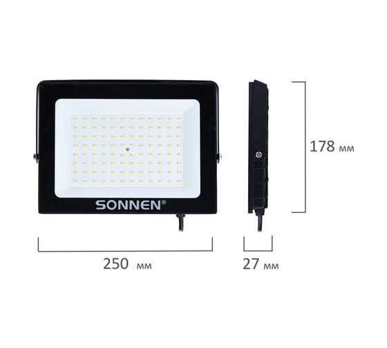 Прожектор светодиодный SONNEN 100Вт, 6500К, 8000Лм, IP65, 250x178x27мм, черный, 238415