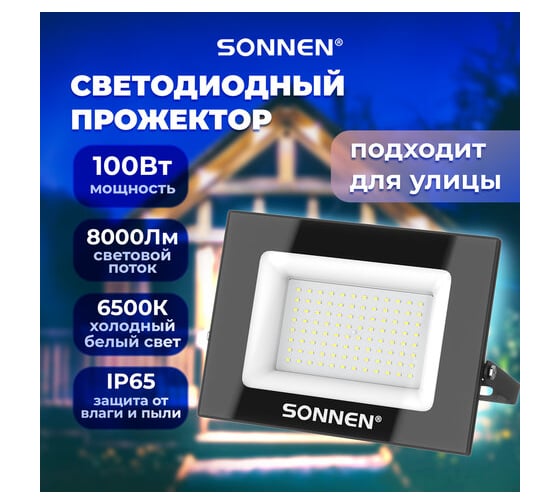 Прожектор светодиодный SONNEN 100Вт, 6500К, 8000Лм, IP65, 250x178x27мм, черный, 238415