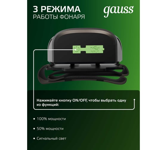 Фонарь Gauss налобный модель GFL409 5W 200lm Li-ion 1200mAh LED GF409