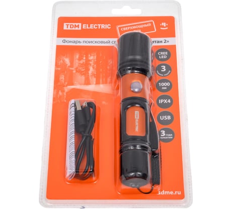 Фонарь TDM ELECTRIC Титан 2 10 Вт 1 светодиод CREE 1000 лм, 1х18650 3.7 В 2200 мА*ч , IPX4, USB, SQ0350-0061