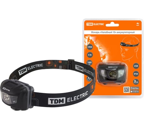 Налобный фонарь TDM ELECTRIC 10 аккумуляторный, 5 Вт 1 светодиод CREE, Li-Ion 3,7 В 0,6 А*ч, USB, SQ0350-0062